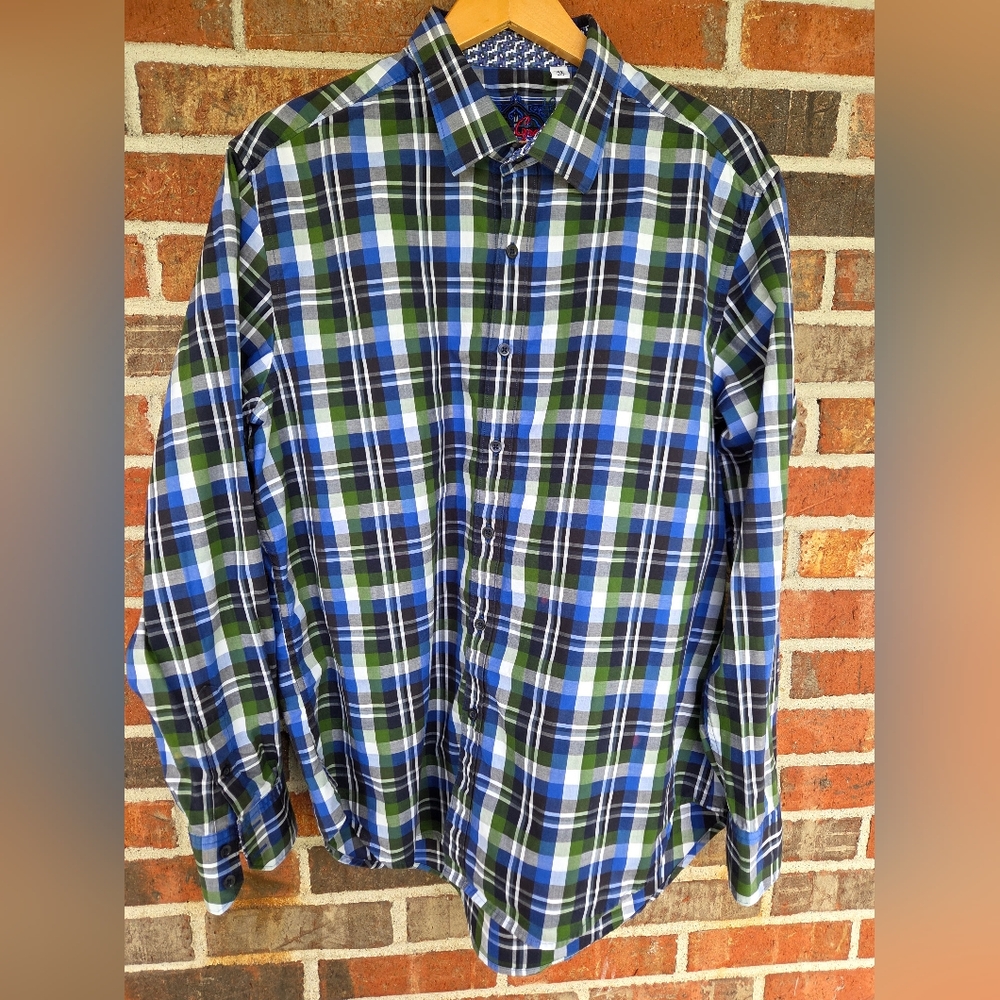 Robert Graham Classic Fit Blue Green Plaid Button Down Shirt XL